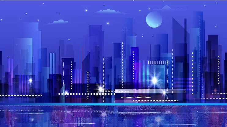 未来科技科幻霓虹灯渐变绚丽城市建筑夜景灯光插画AI/PSD设计素材100套【026】